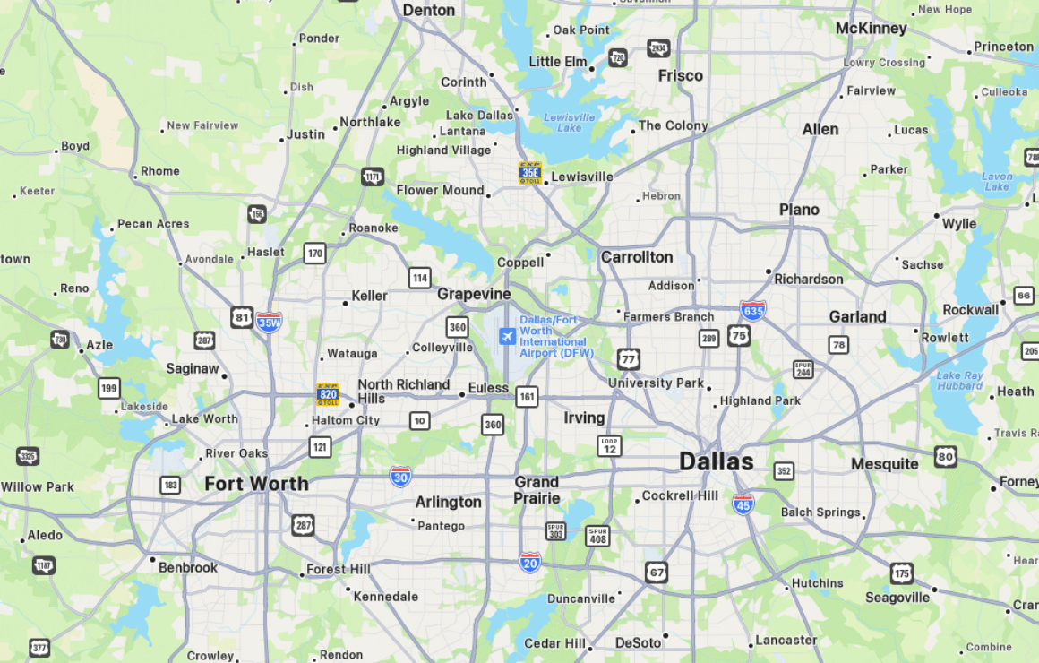 Dallas - Fort Worth map with surrounding cities